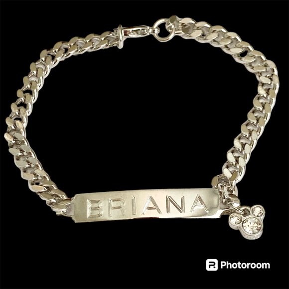 Vintage Disney Mickey Mouse Ears Charm Bracelet Name BRIANA ID Band Crystal 7.5" - Picture 1 of 10